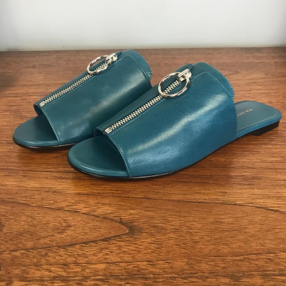 Via Spiga Turquoise Slide Sandals w/ Front Zip, 5
